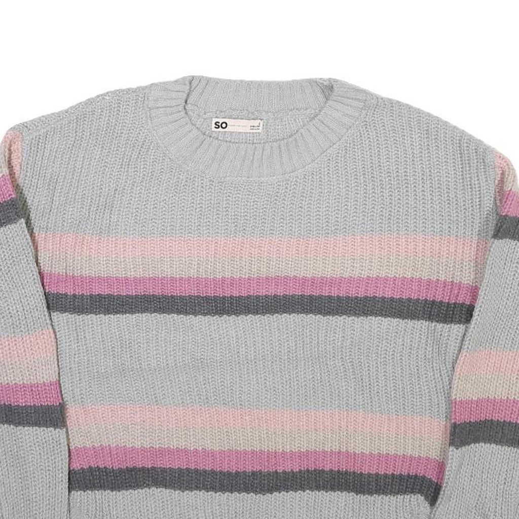 SO Womens Grey Pink Striped Plain Crew Neck Basic Knit Jumper S Casual Cotton
