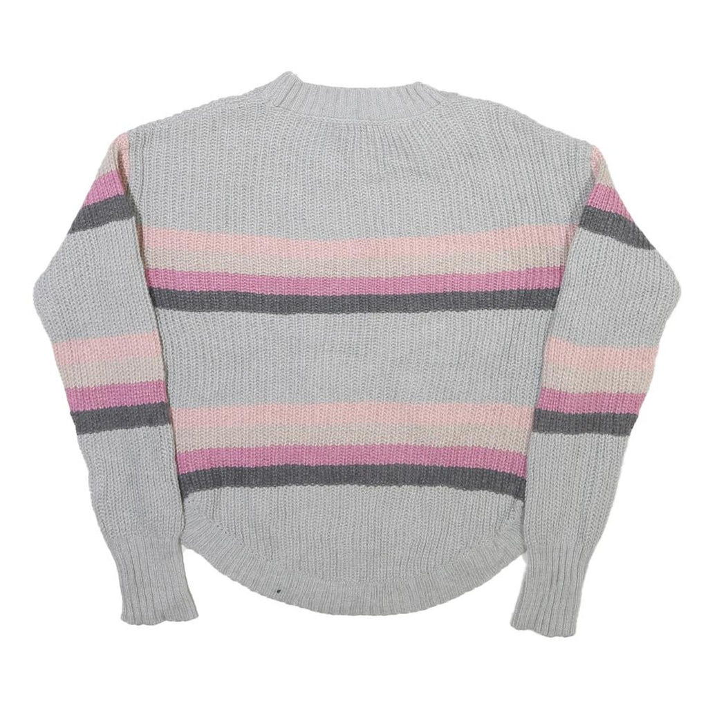 SO Womens Grey Pink Striped Plain Crew Neck Basic Knit Jumper S Casual Cotton
