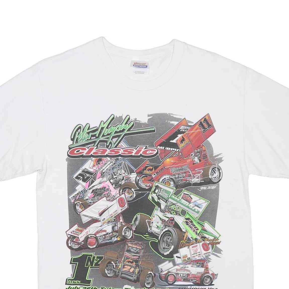 HANES Mens White Racing Cars Graphic T-Shirt M Short Sleeve Crew Neck
