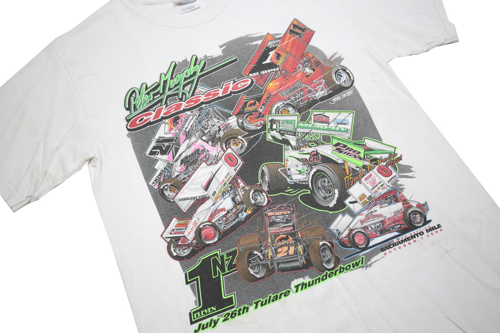 HANES Mens White Racing Cars Graphic T-Shirt M Short Sleeve Crew Neck