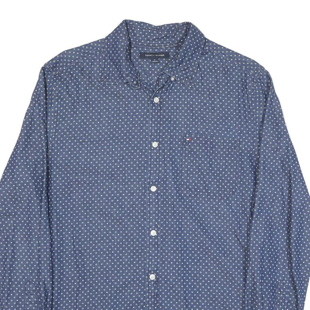 TOMMY HILFIGER Mens Blue & White Patterned Shirt M Cotton Blend Casual Button