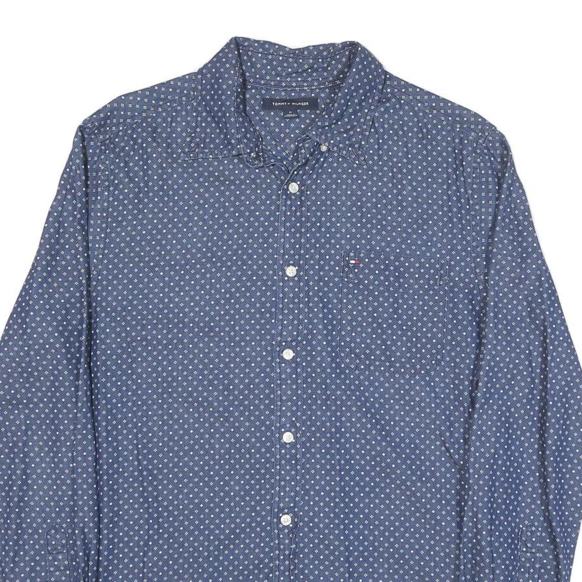 TOMMY HILFIGER Mens Blue & White Patterned Shirt M Cotton Blend Casual Button