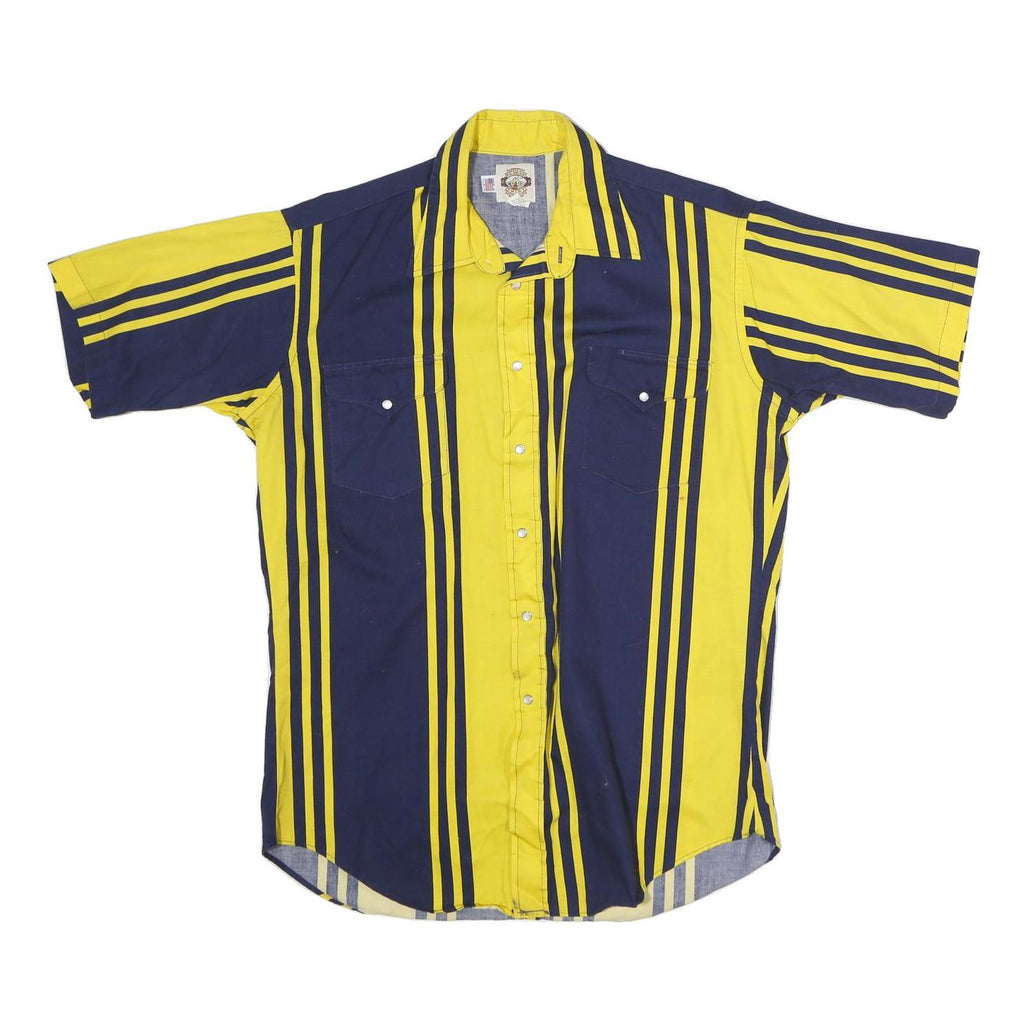 ELPHSO Mens Yellow & Navy Stripe Shirt L Cotton Short Sleeve Button Front