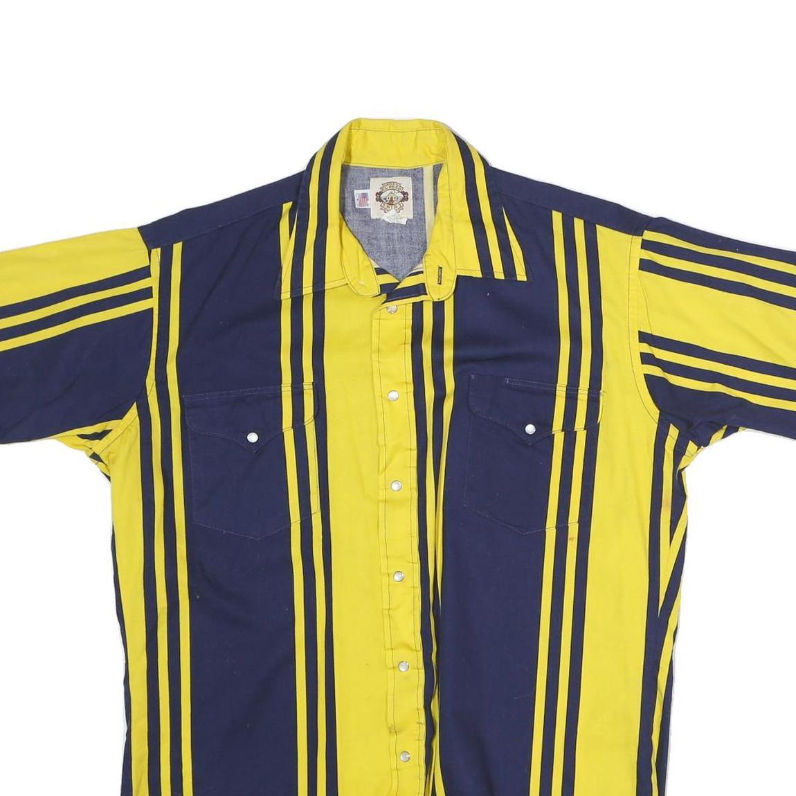ELPHSO Mens Yellow & Navy Stripe Shirt L Cotton Short Sleeve Button Front