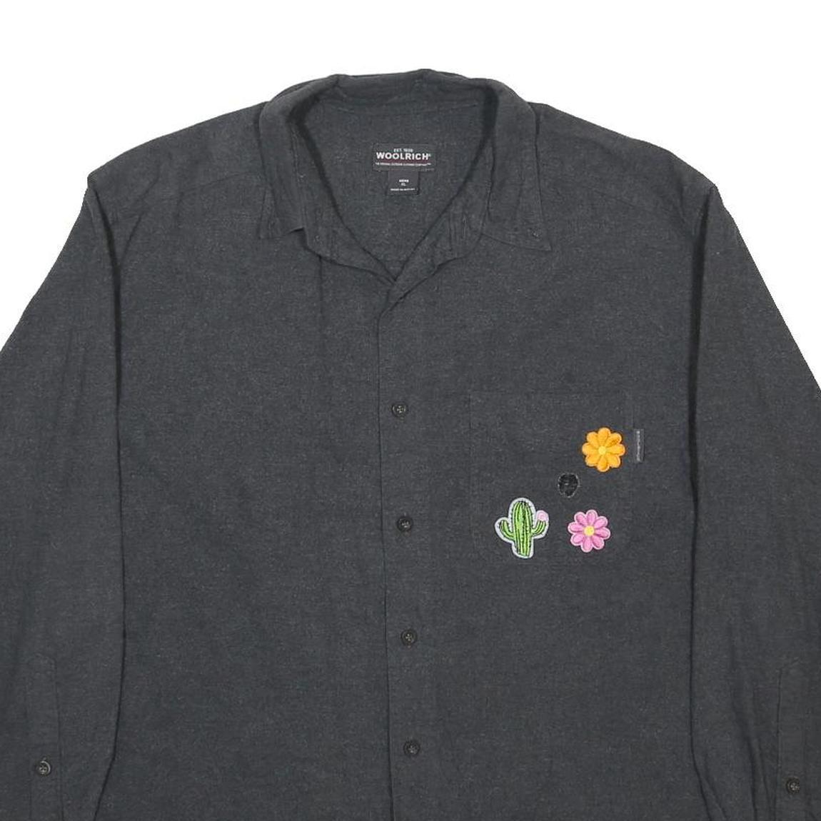 WOOLRICH Mens Black Shirt XL Cotton Floral Patch Casual Long Sleeve Button Shirt