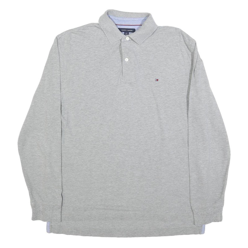 TOMMY HILFIGER Mens Grey Long Sleeve Plain Polo Shirt L Classic Cotton Blend