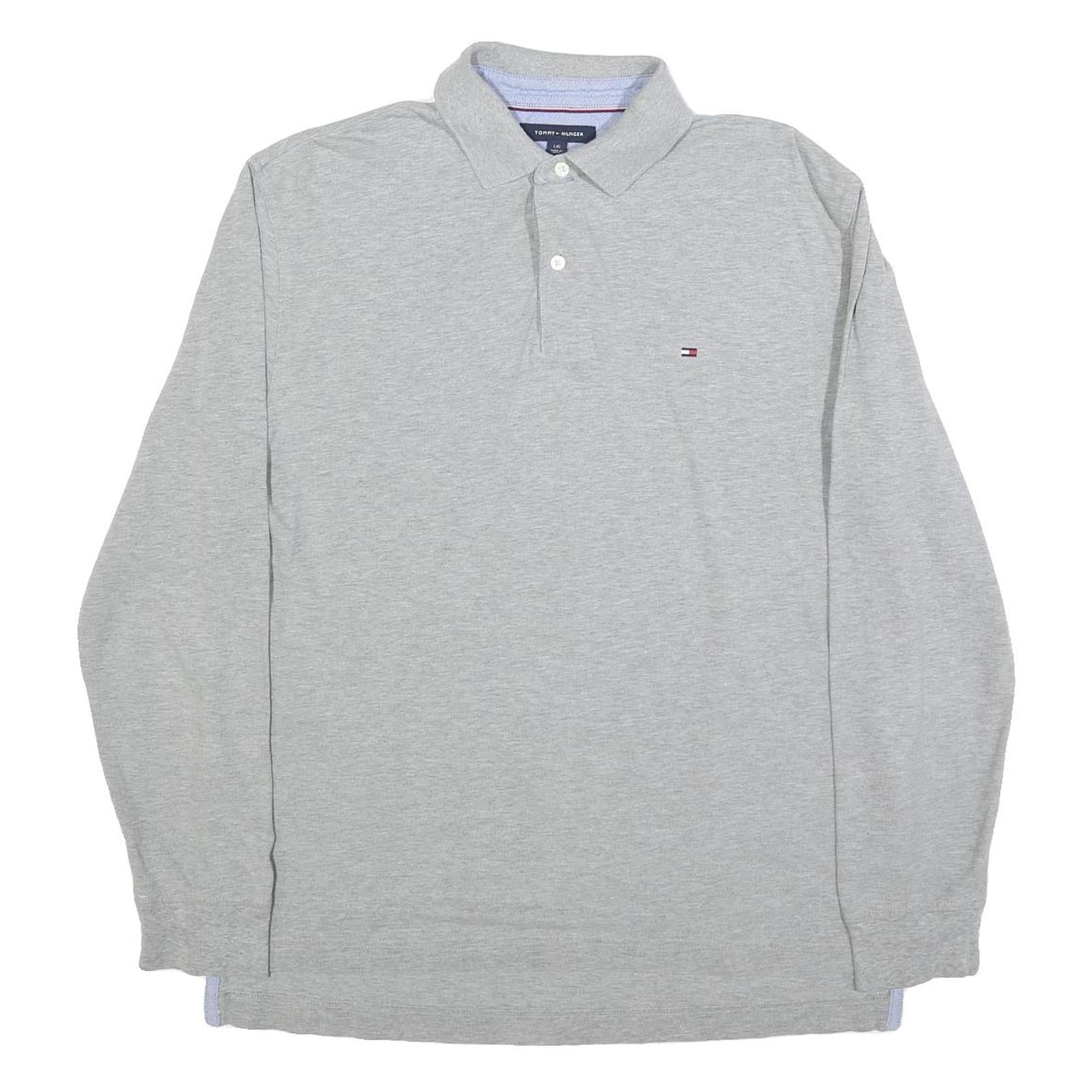 TOMMY HILFIGER Mens Grey Long Sleeve Plain Polo Shirt L Classic Cotton Blend