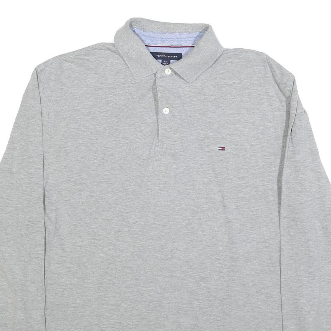 TOMMY HILFIGER Mens Grey Long Sleeve Plain Polo Shirt L Classic Cotton Blend