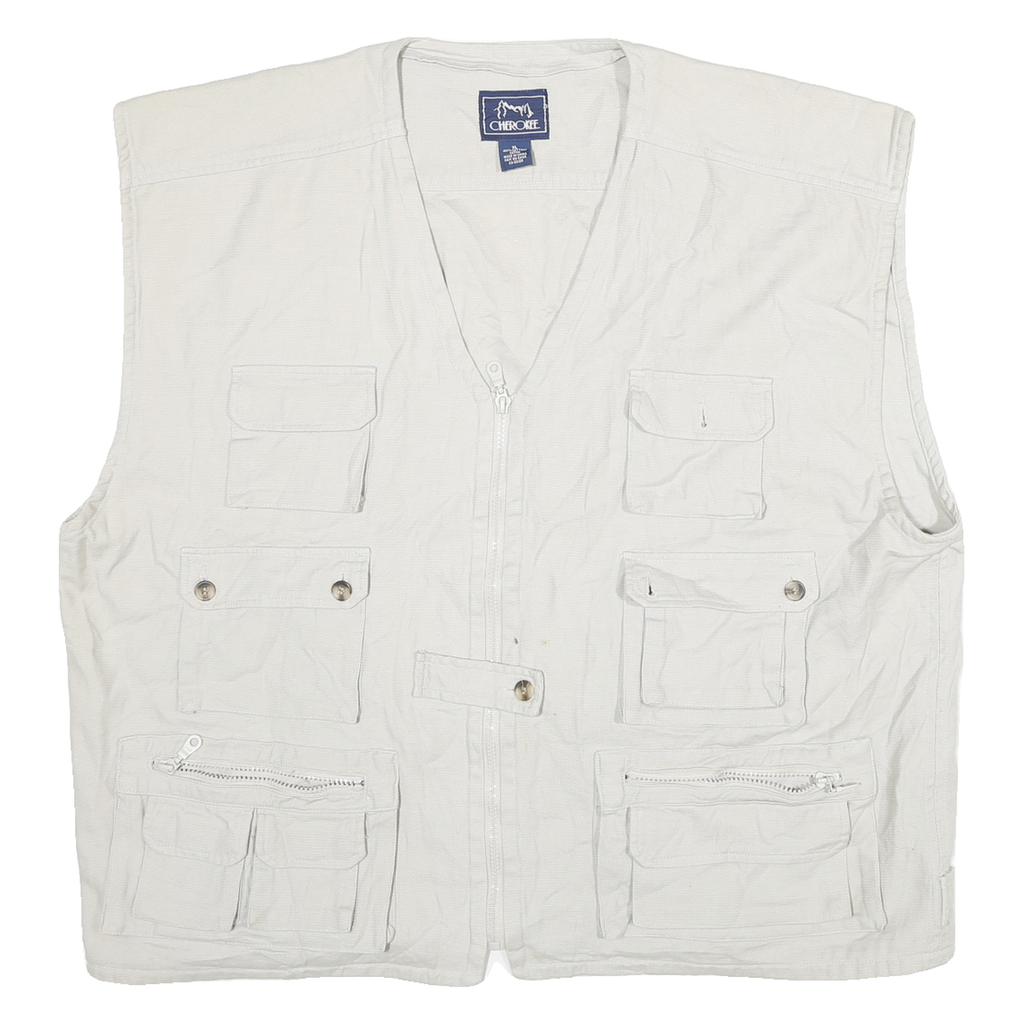 CHEROKEE Mens White Cotton Utility Jacket XL Woven Sleeveless Multi Pocket Zip