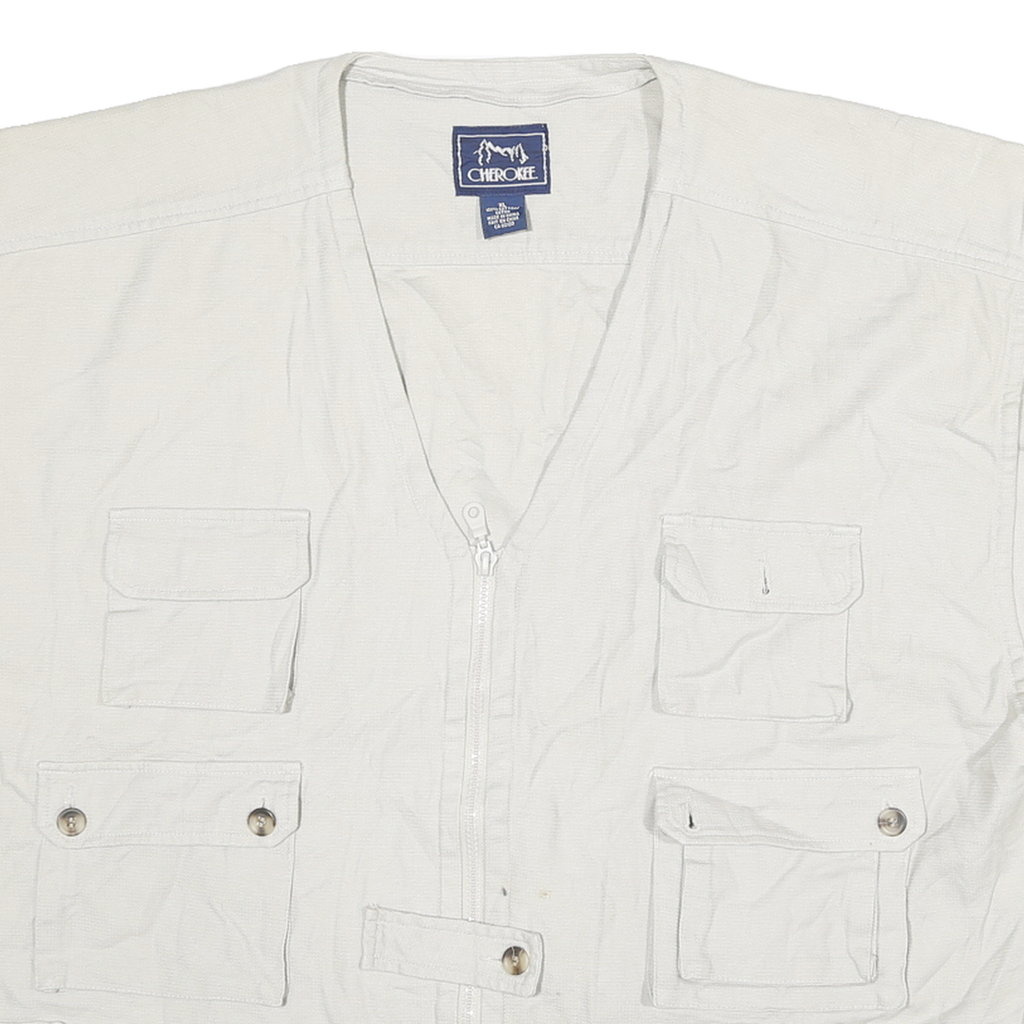 CHEROKEE Mens White Cotton Utility Jacket XL Woven Sleeveless Multi Pocket Zip