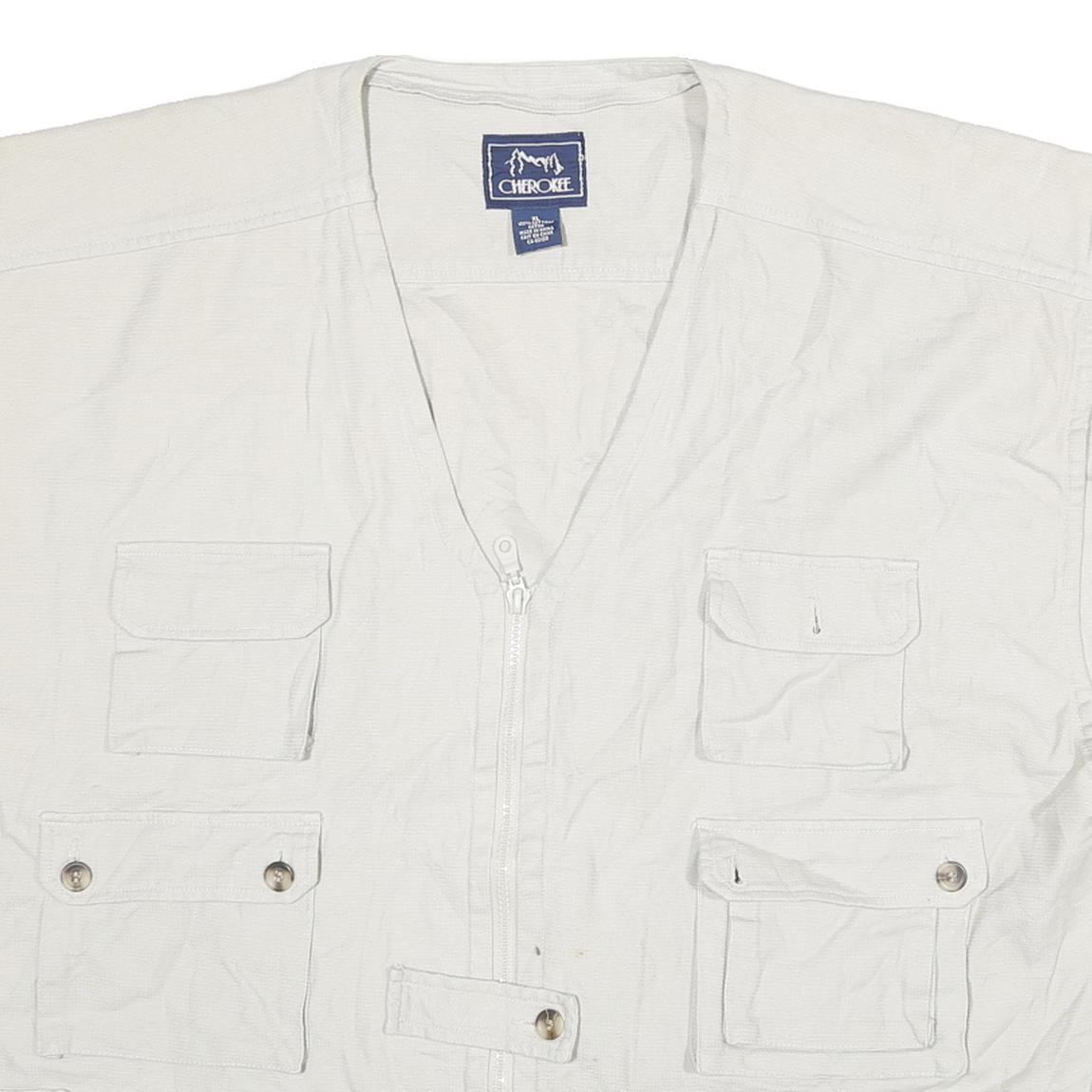 CHEROKEE Mens White Cotton Utility Jacket XL Woven Sleeveless Multi Pocket Zip