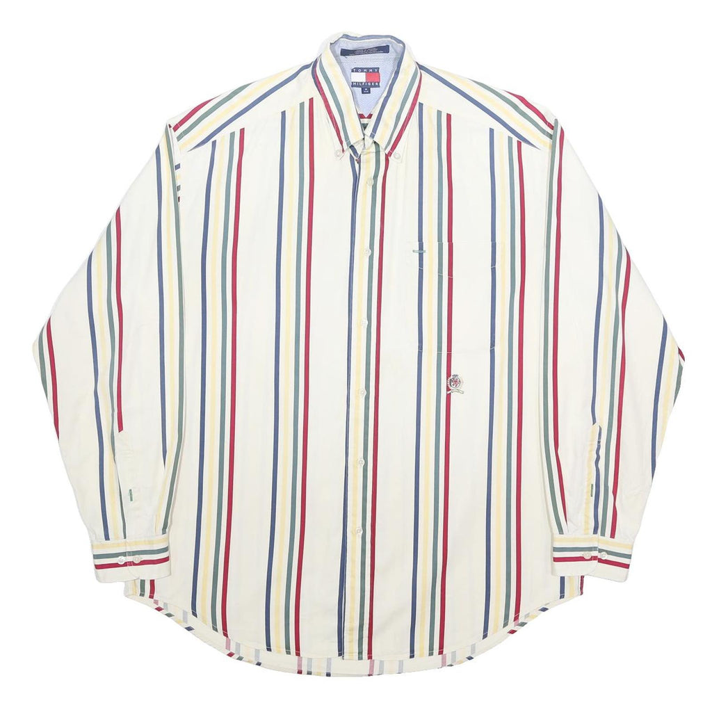 TOMMY HILFIGER Mens White & Multi Stripe Cotton Shirt M Button Down Collar Long