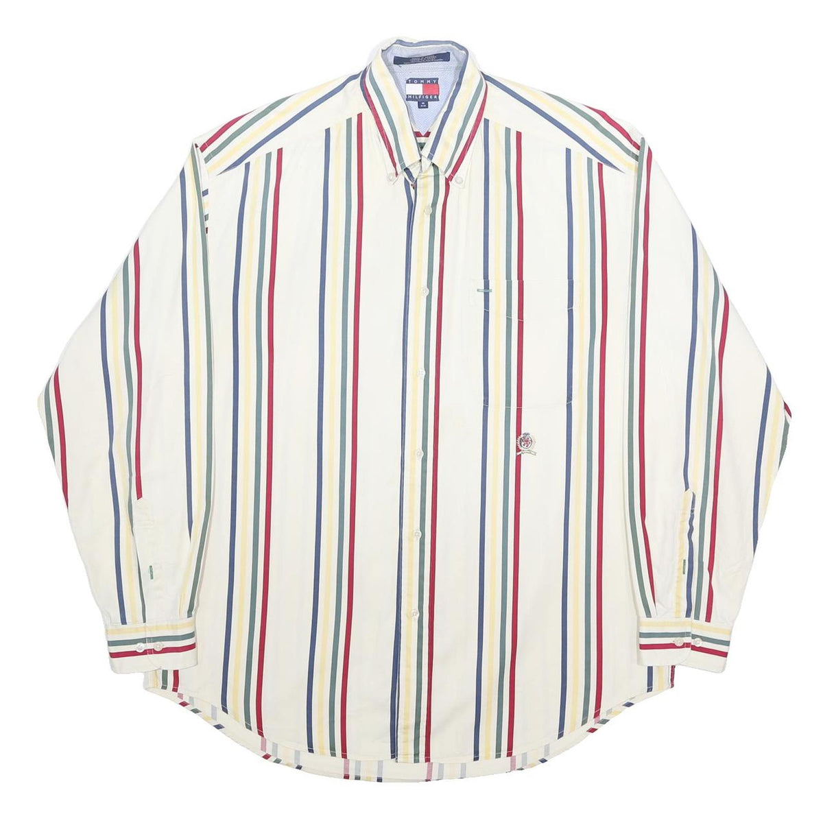 TOMMY HILFIGER Mens White & Multi Stripe Cotton Shirt M Button Down Collar Long