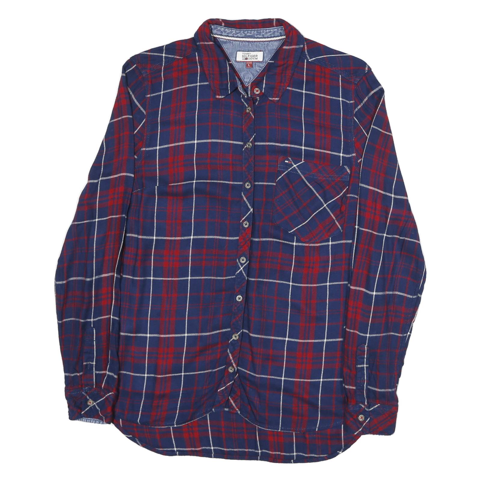 TOMMY HILFIGER Womens Blue & Red Checked Shirt L Button Front Cotton Blend