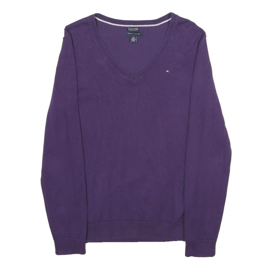 TOMMY HILFIGER Mens Purple Plain V-Neck Basic Knit Jumper M Cotton Casual