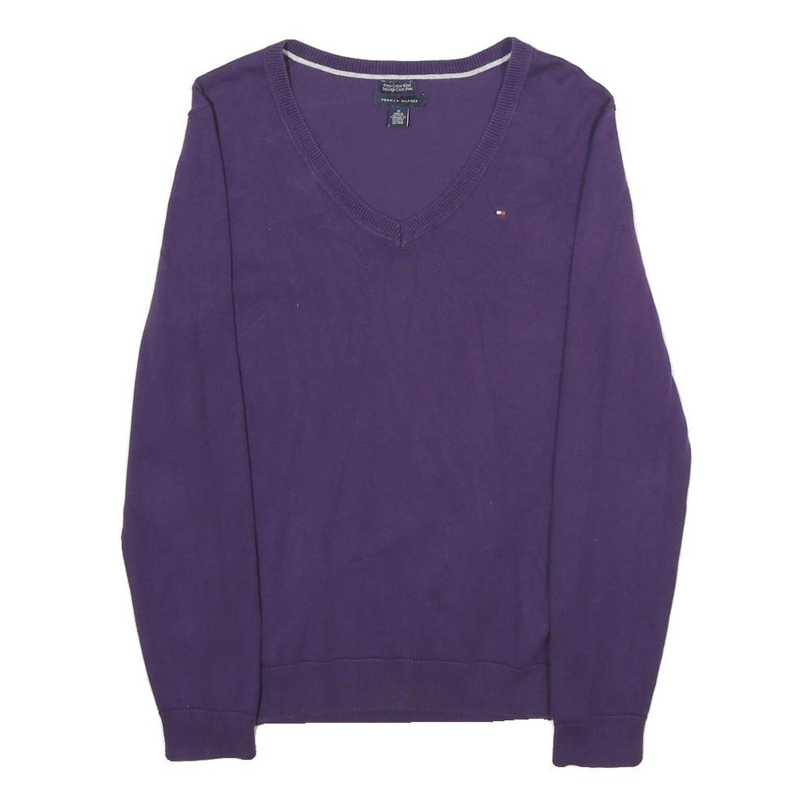 TOMMY HILFIGER Mens Purple Plain V-Neck Basic Knit Jumper M Cotton Casual