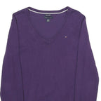 TOMMY HILFIGER Mens Purple Plain V-Neck Basic Knit Jumper M Cotton Casual