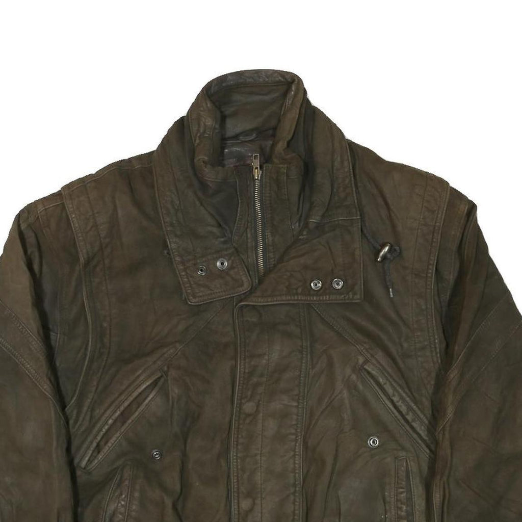 THINSULATE Mens Brown Leather Bomber Jacket L Woven Zip Closure Casual