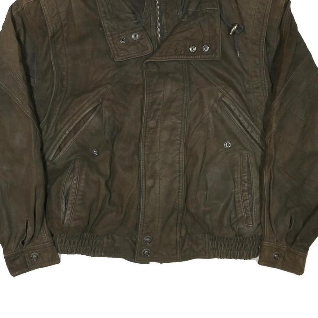 THINSULATE Mens Brown Leather Bomber Jacket L Woven Zip Closure Casual