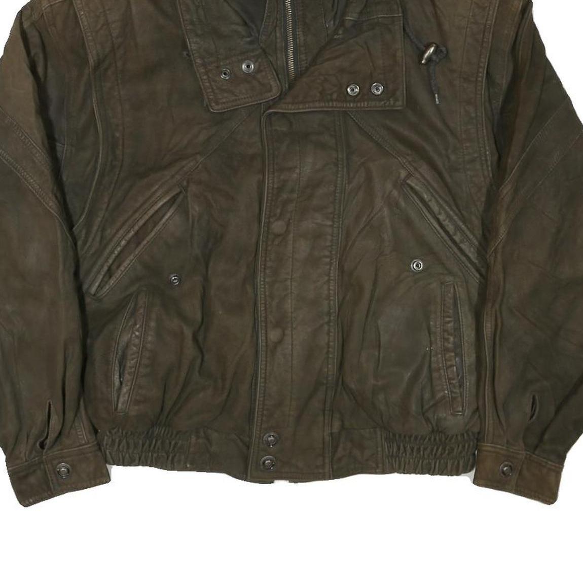 THINSULATE Mens Brown Leather Bomber Jacket L Woven Zip Closure Casual