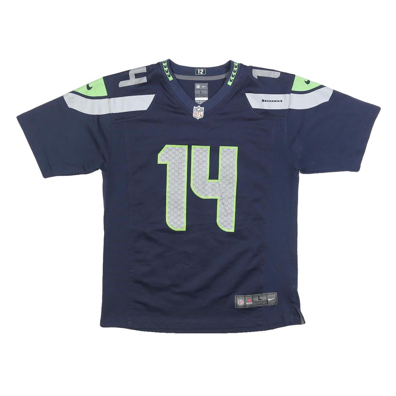 NFL Girls Blue Seahawks 14 Metcalf Football Shirt L Short Sleeve V-Neck