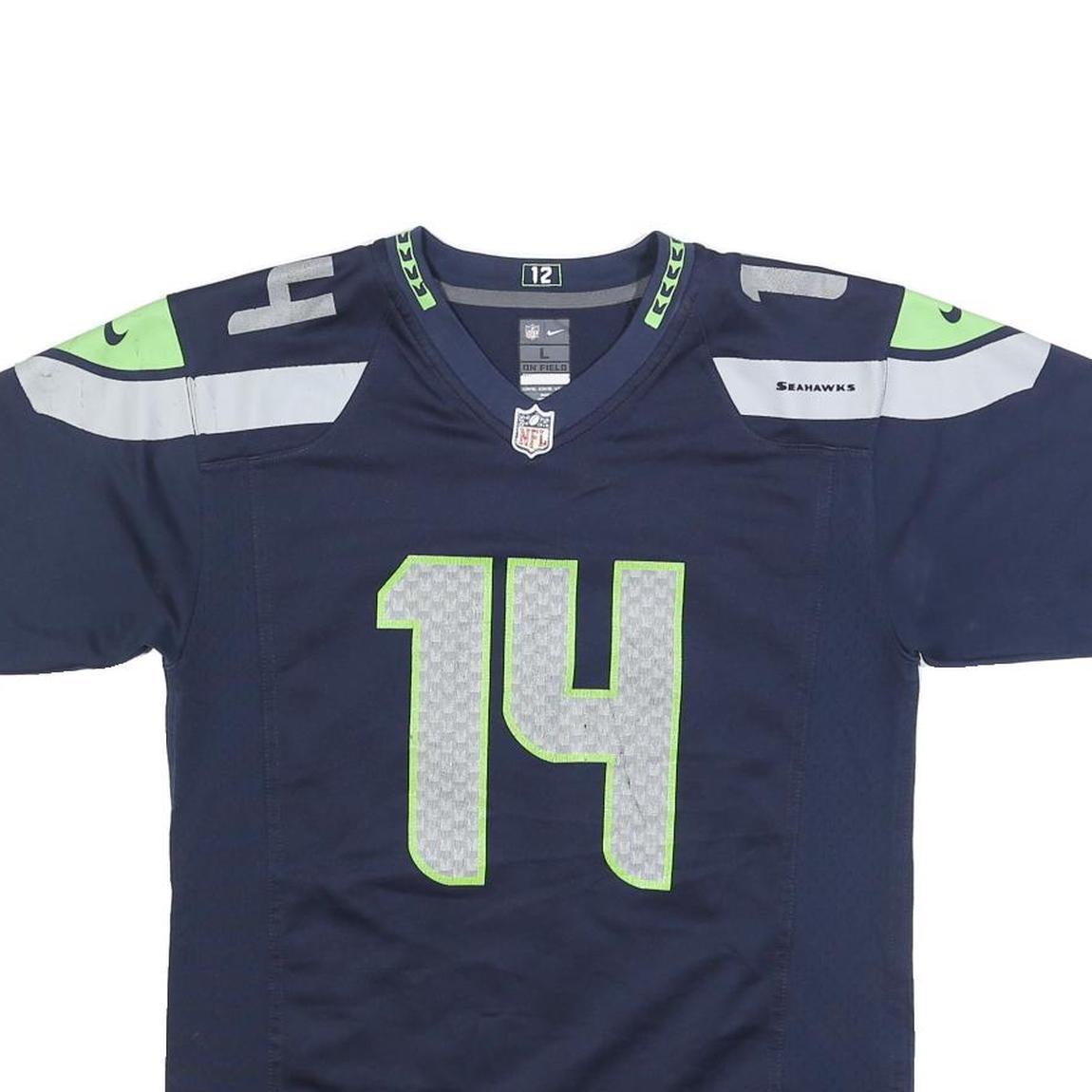 NFL Girls Blue Seahawks 14 Metcalf Football Shirt L Short Sleeve V-Neck