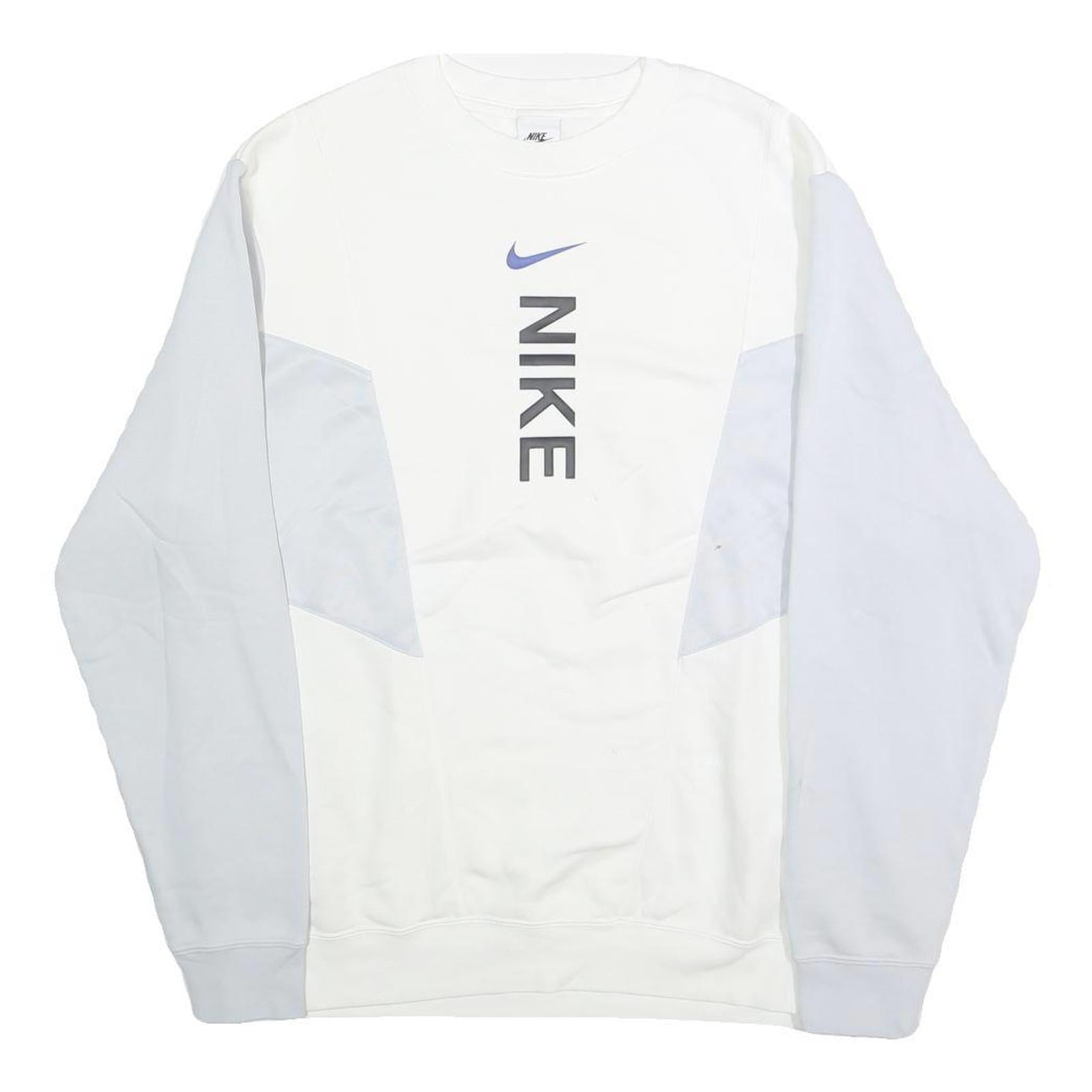 NIKE Mens White & Light Blue Crew Neck L Sweatshirt Cotton Pullover Casual