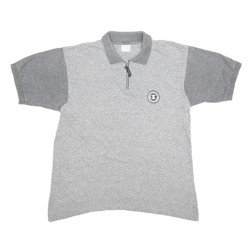 CHAMPION Mens Grey & Charcoal Cotton Blend Short Sleeve Polo Shirt XL Zip Collar