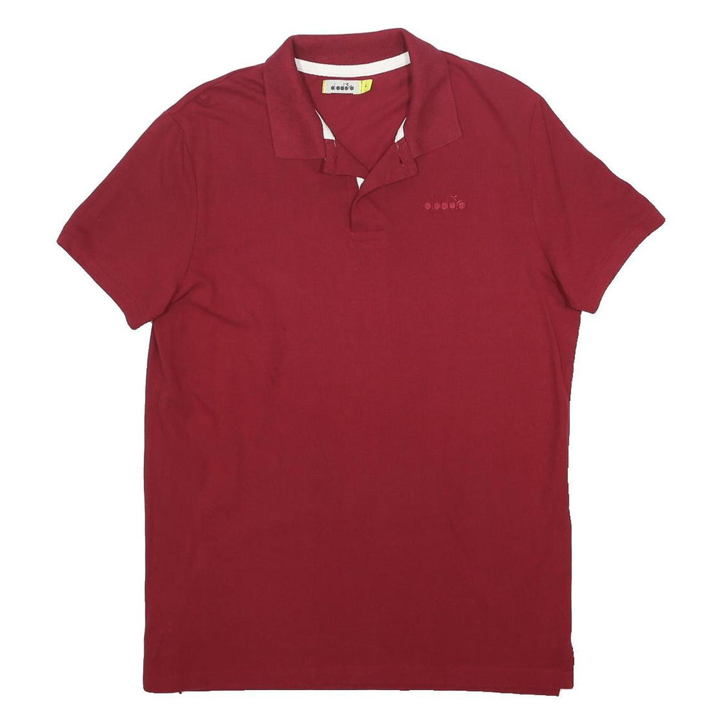 DIADORA Mens Maroon Short Sleeve Plain Polo Shirt L Cotton Casual