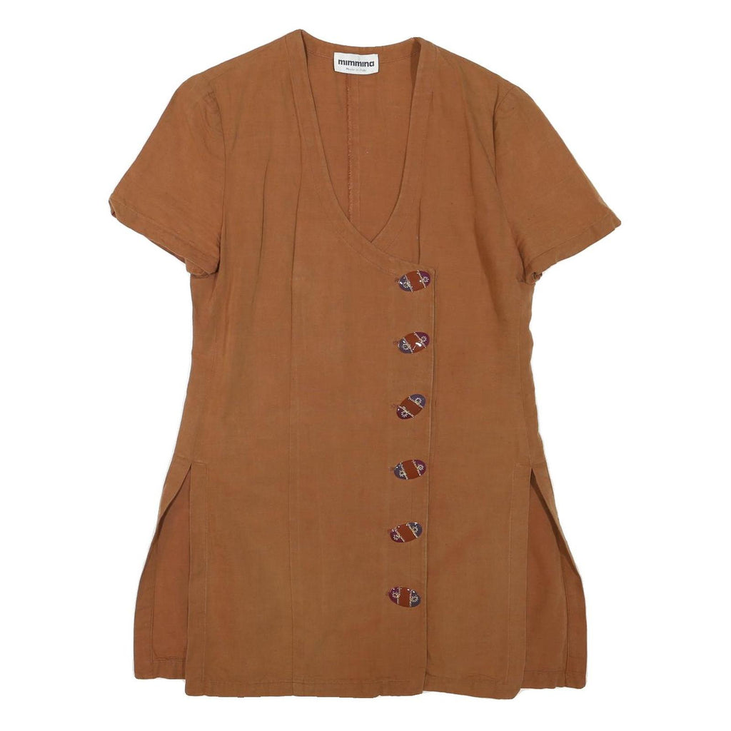 MIMMINA Womens Brown Cotton Blend Button Top M Casual Short Sleeve V Neck