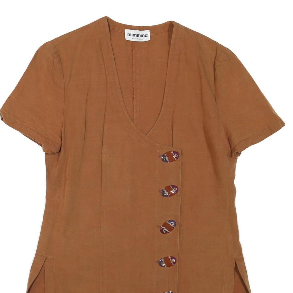 MIMMINA Womens Brown Cotton Blend Button Top M Casual Short Sleeve V Neck