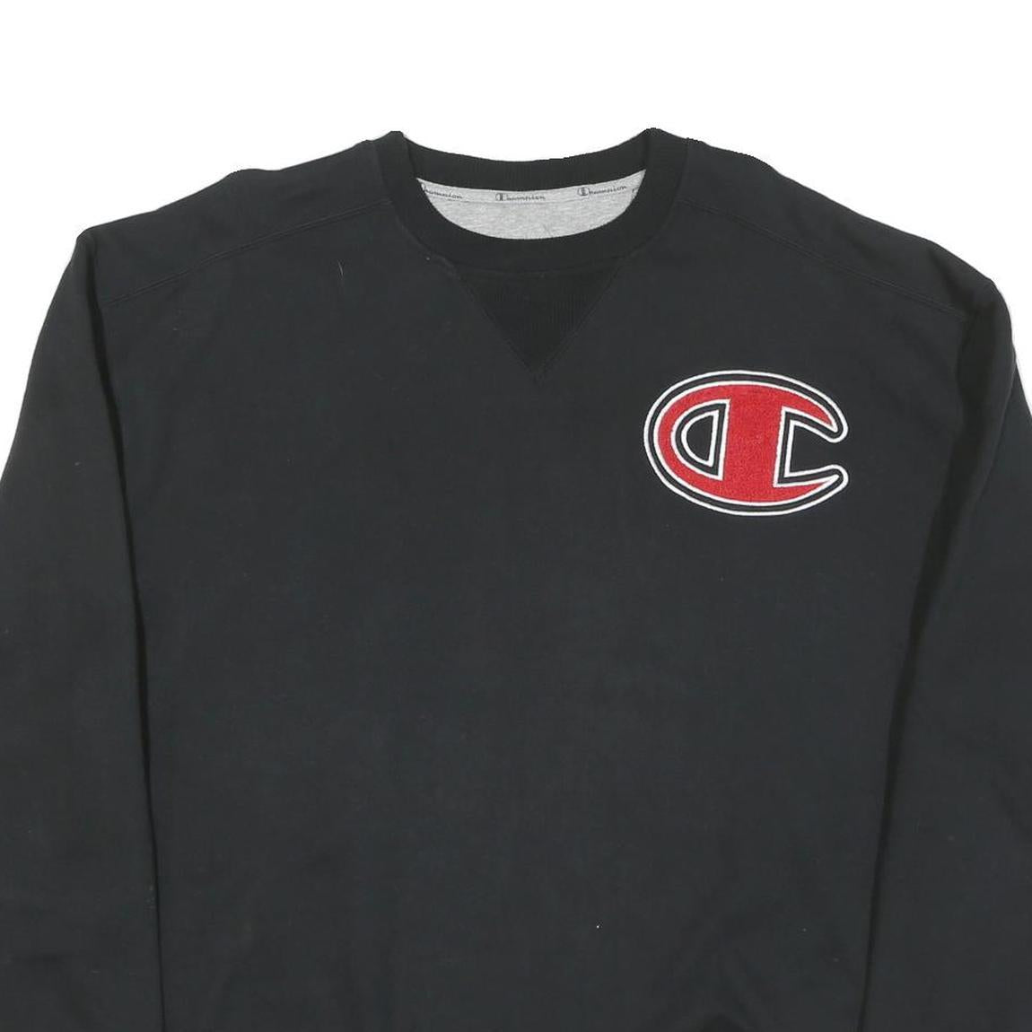 CHAMPION Mens Black L Crew Neck Cotton Blend Sweatshirt Logo Patch