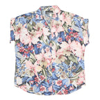 CALICHE Womens Blue Pink Floral Cotton Blend Shirt Short Sleeve Collared S