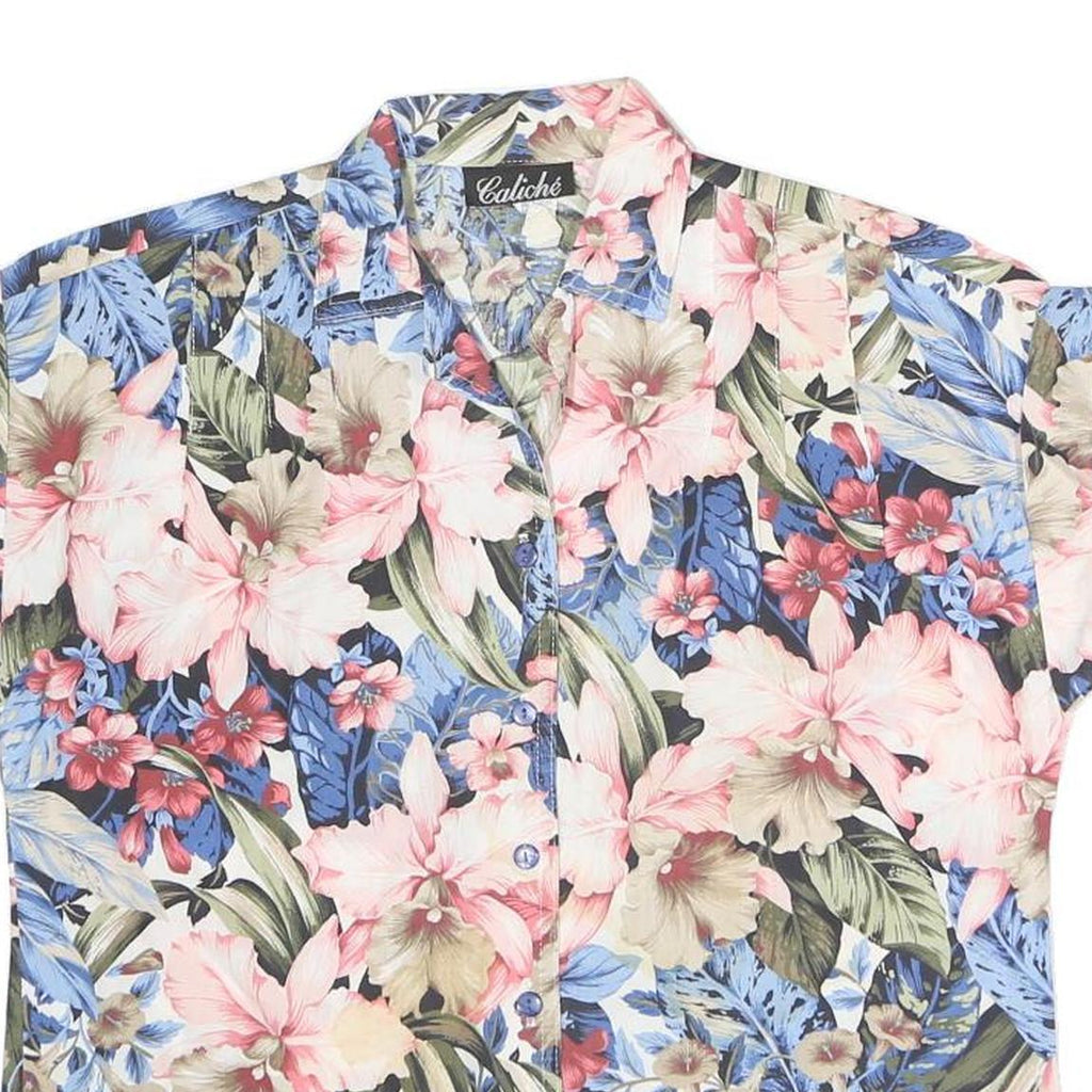 CALICHE Womens Blue Pink Floral Cotton Blend Shirt Short Sleeve Collared S