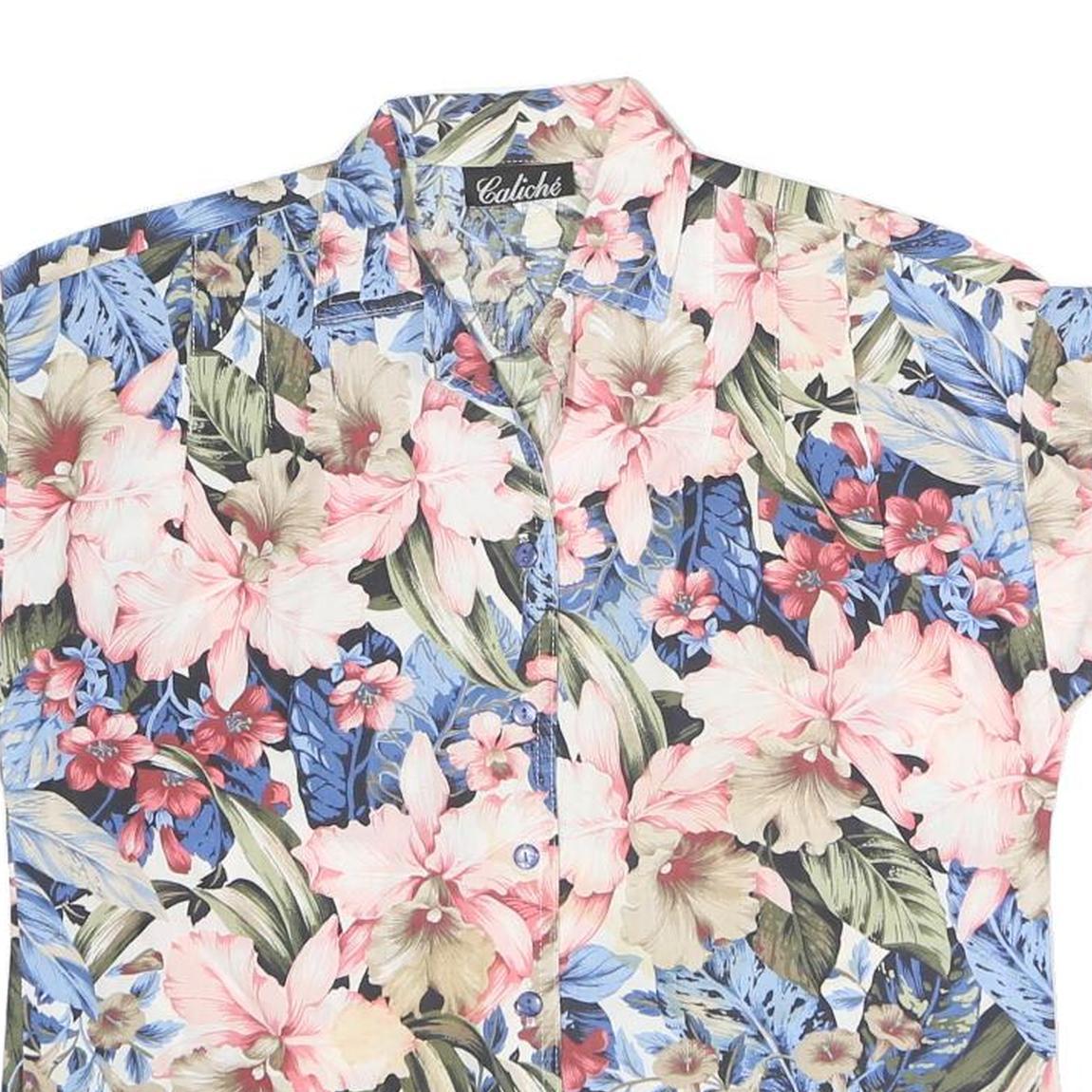 CALICHE Womens Blue Pink Floral Cotton Blend Shirt Short Sleeve Collared S
