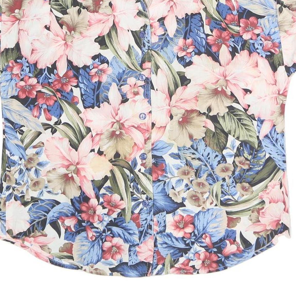 CALICHE Womens Blue Pink Floral Cotton Blend Shirt Short Sleeve Collared S