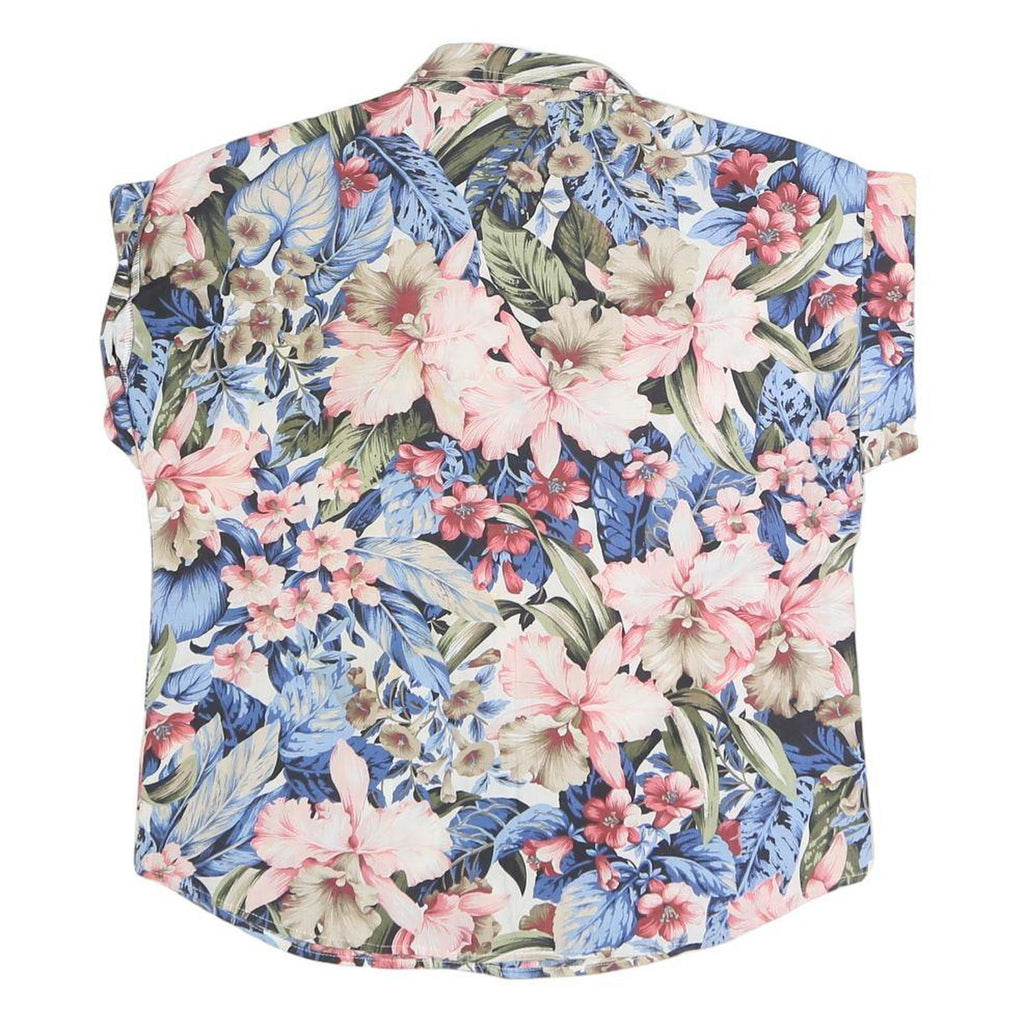 CALICHE Womens Blue Pink Floral Cotton Blend Shirt Short Sleeve Collared S