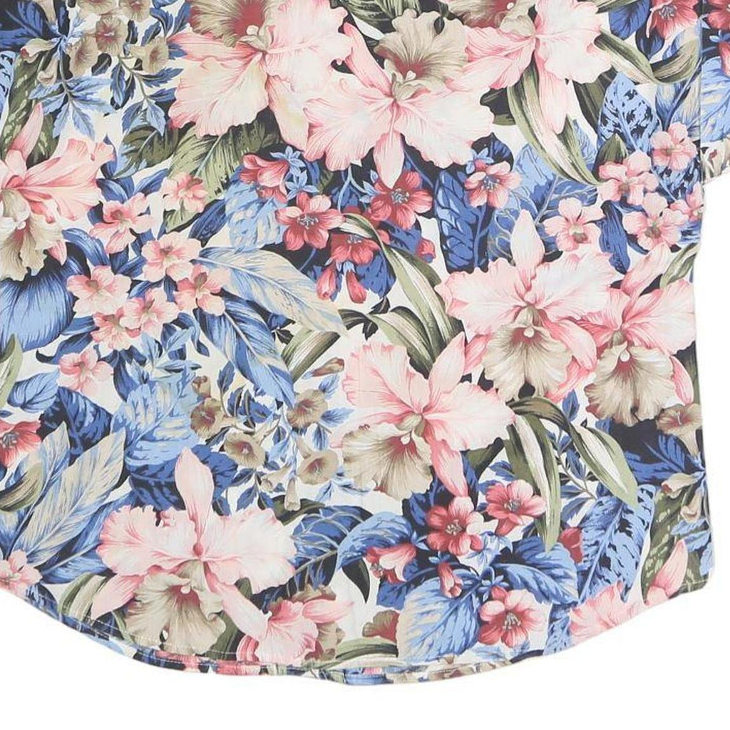 CALICHE Womens Blue Pink Floral Cotton Blend Shirt Short Sleeve Collared S