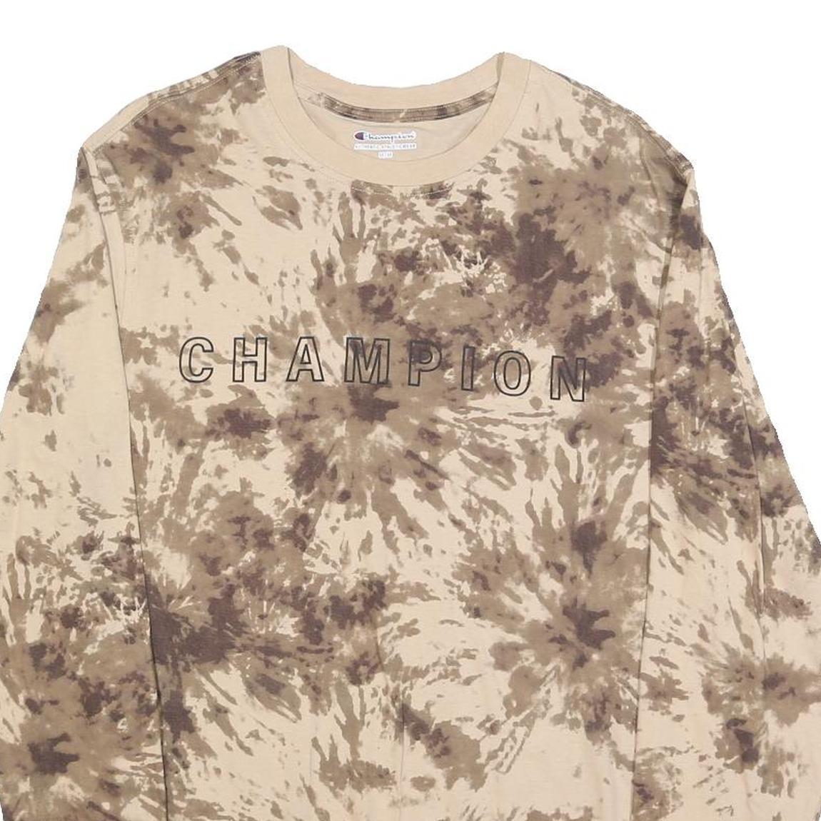 CHAMPION Mens Beige Tie Dye Long Sleeve Crew Neck Cotton Blend T-Shirt M
