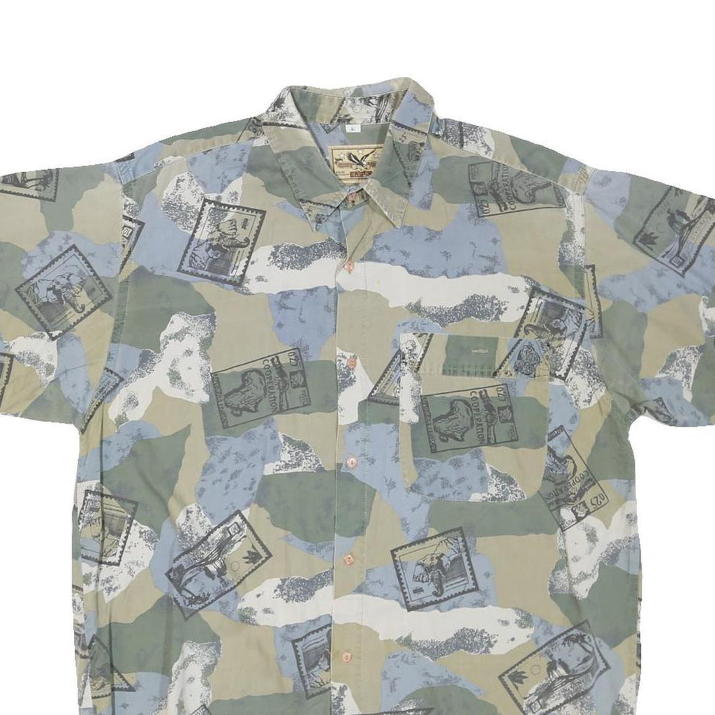 EAGLE Mens Green Blue Printed Cotton Blend Shirt L Casual Summer Beachwear