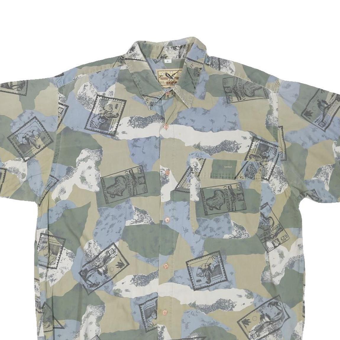 EAGLE Mens Green Blue Printed Cotton Blend Shirt L Casual Summer Beachwear