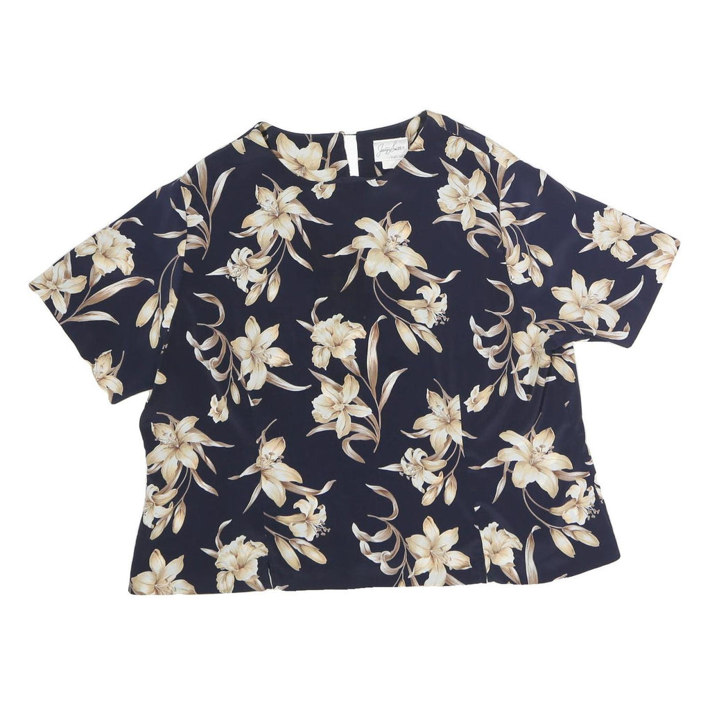 JOCYLYN SMITH Womens Blue & Cream Floral Printed Blouse Short Sleeve Round Neck