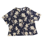 JOCYLYN SMITH Womens Blue & Cream Floral Printed Blouse Short Sleeve Round Neck