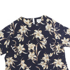 JOCYLYN SMITH Womens Blue & Cream Floral Printed Blouse Short Sleeve Round Neck