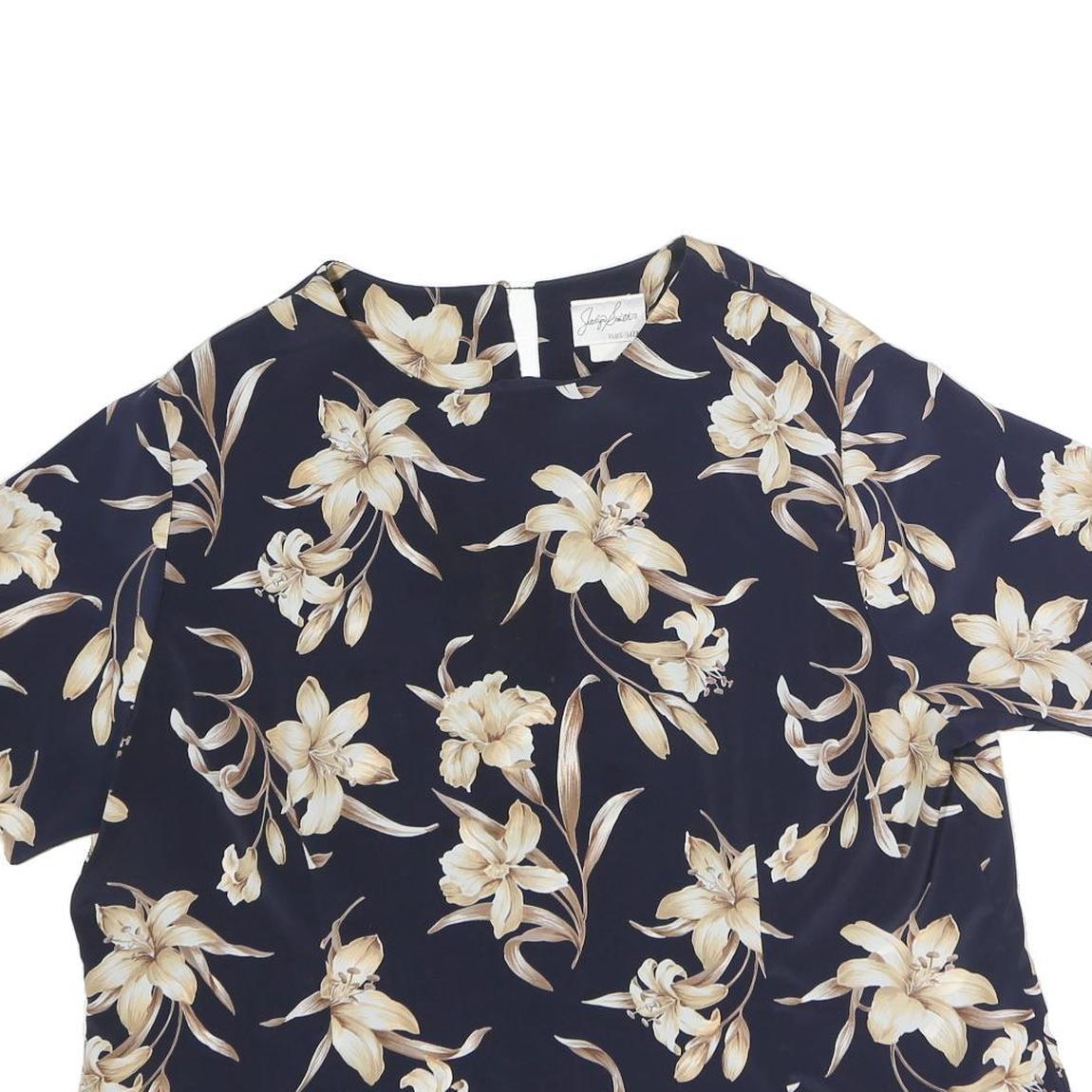 JOCYLYN SMITH Womens Blue & Cream Floral Printed Blouse Short Sleeve Round Neck