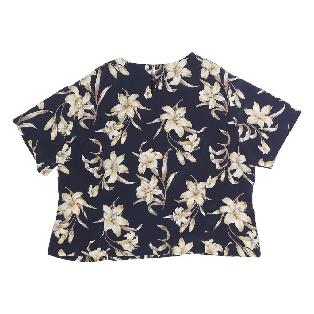 JOCYLYN SMITH Womens Blue & Cream Floral Printed Blouse Short Sleeve Round Neck