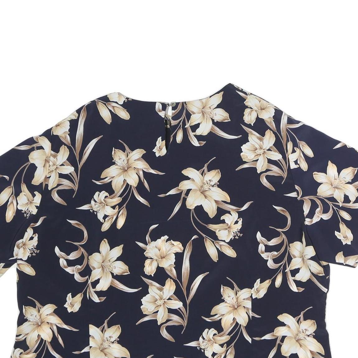 JOCYLYN SMITH Womens Blue & Cream Floral Printed Blouse Short Sleeve Round Neck
