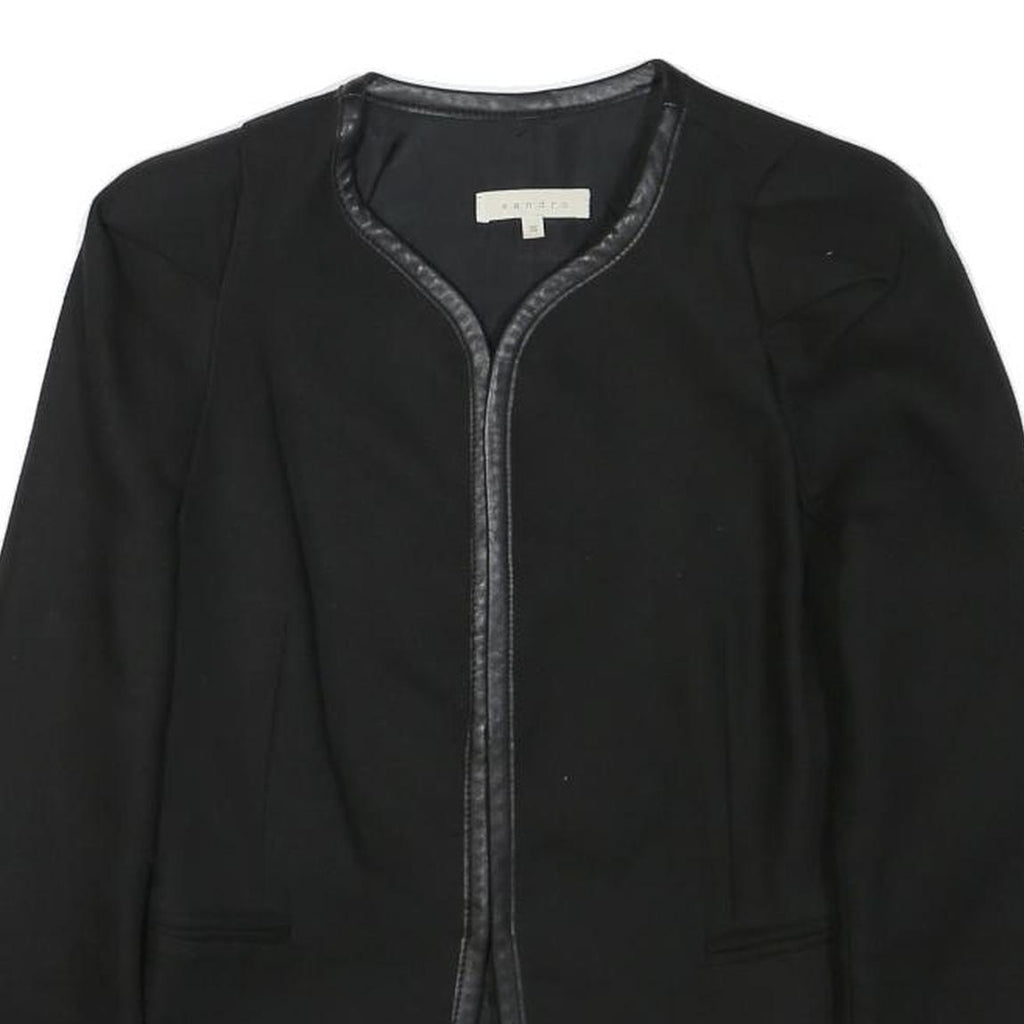 SANDRO Womens Black Button Cotton Blend Tailored Jacket XS Leather Trim Plain