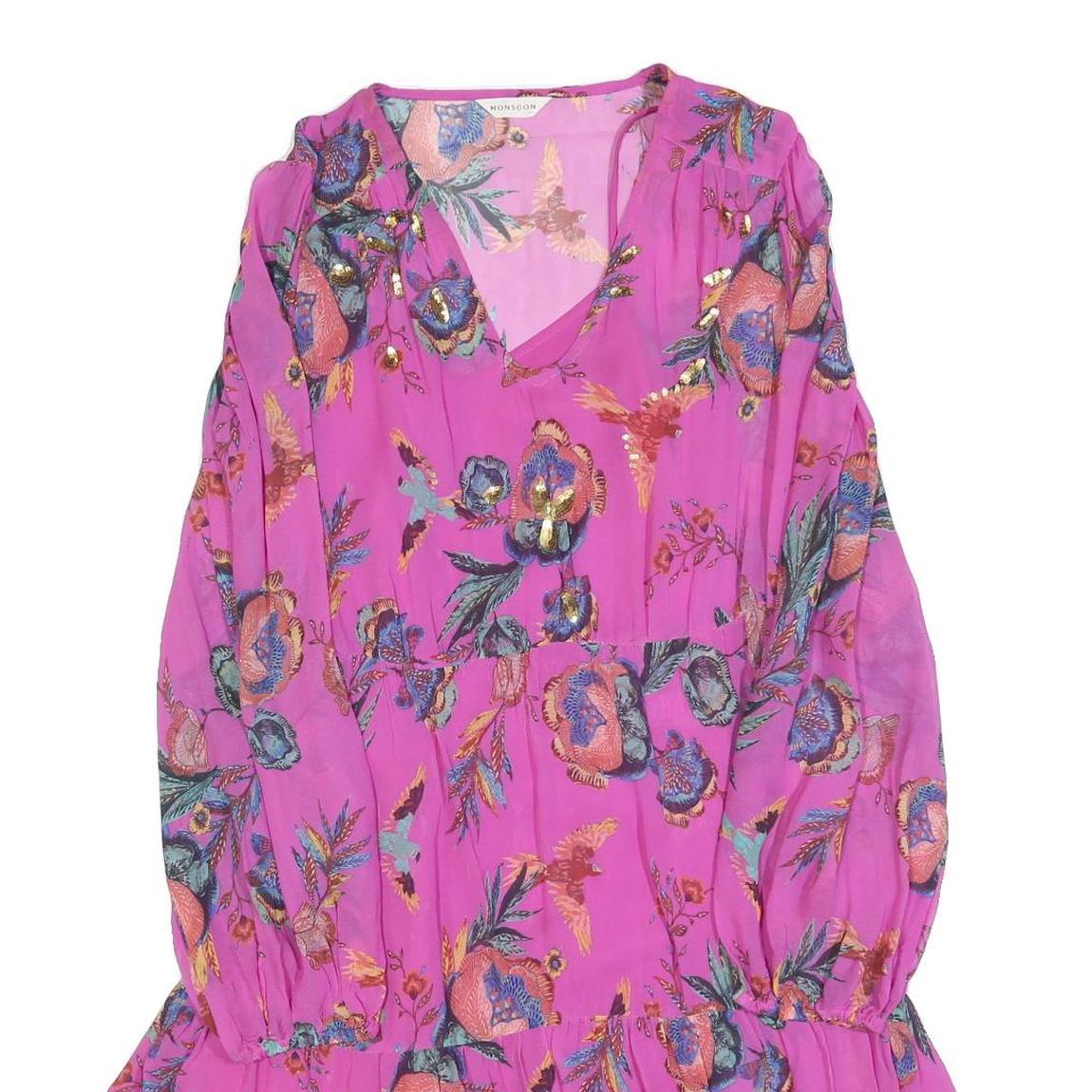 MONSOON Womens Pink Floral Day Viscose Long Sleeve Mini Dress Size S