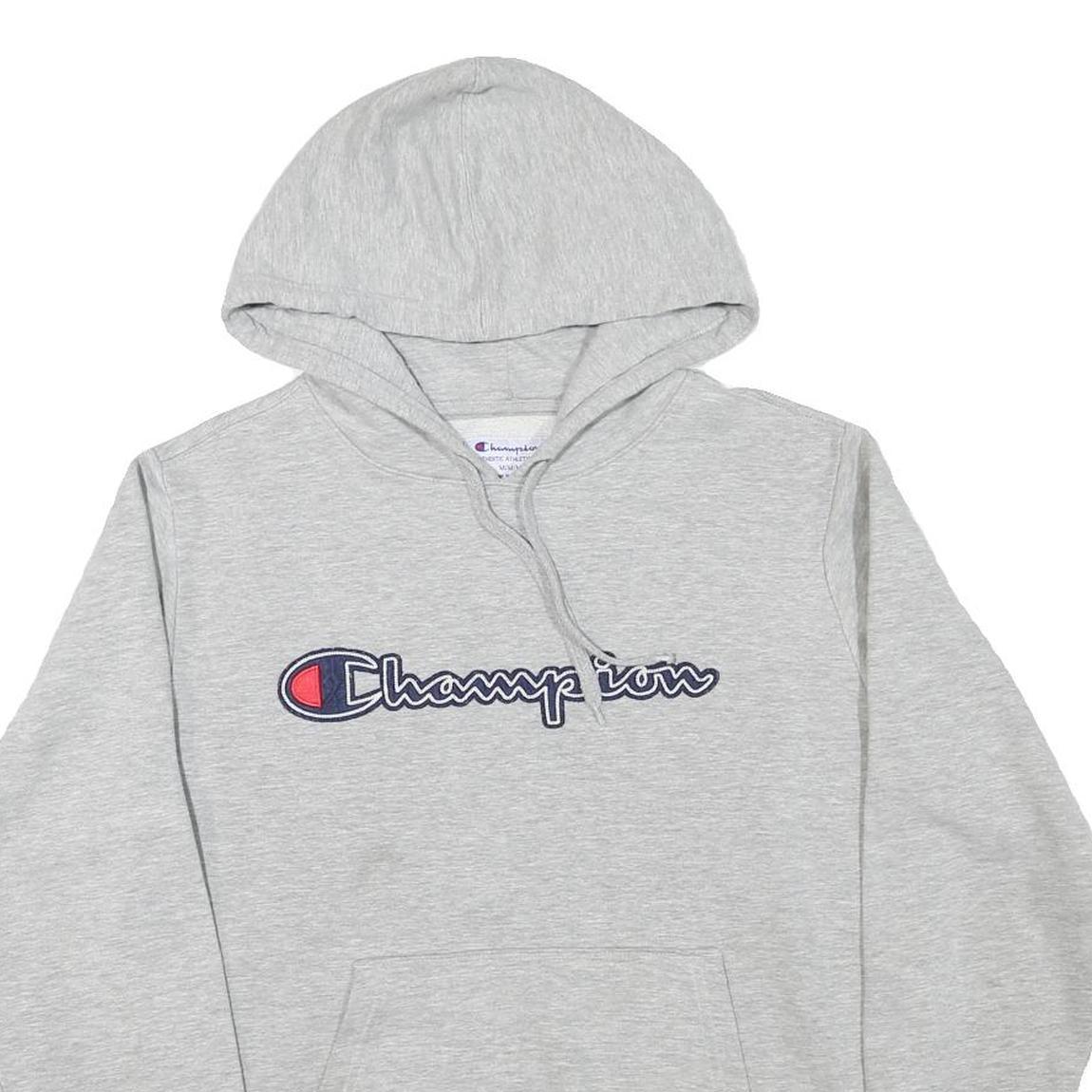 CHAMPION Mens Grey Pullover Hoodie M Embroidered Logo Cotton Blend